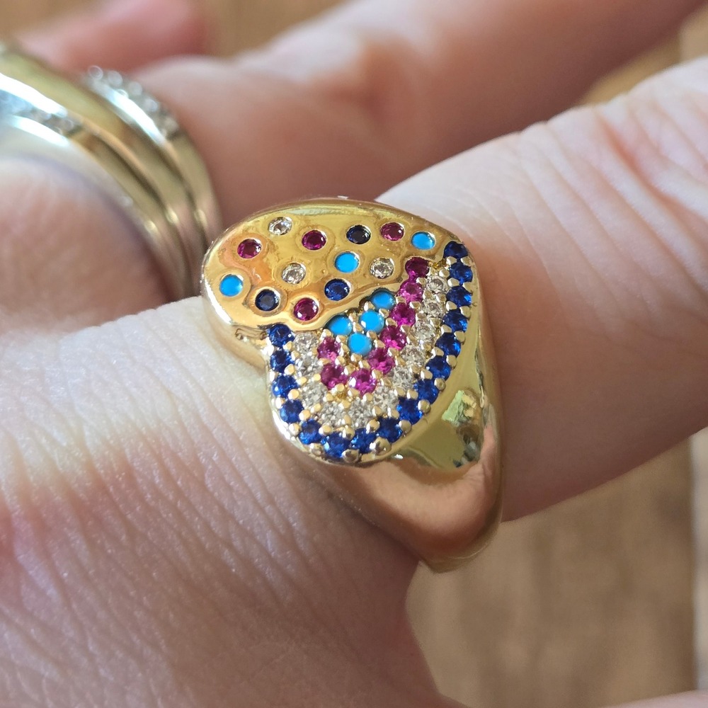 Gold Tone Heart Signet Ring Multi Color Stone Pave Turquoise Red Blue Size 7